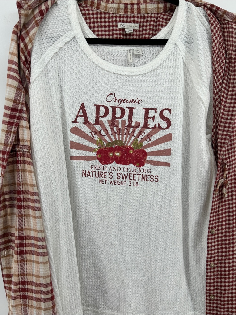 Cato Red & Cream Plaid Long Cotton Vest with Apples Top Women's Size 22/24 - Picture 4 of 11
